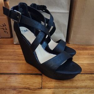 CCM Black Strappy Wedge Sandals